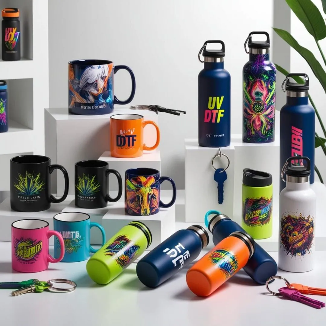Pegatinas UV DTF por metros con barniz brillo en relieve para personalizar tazas, botellas y cristal sin calor
