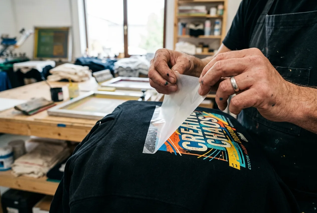 Retirada limpia de film Instant Peel de transfer DTF en caliente sobre prenda textil