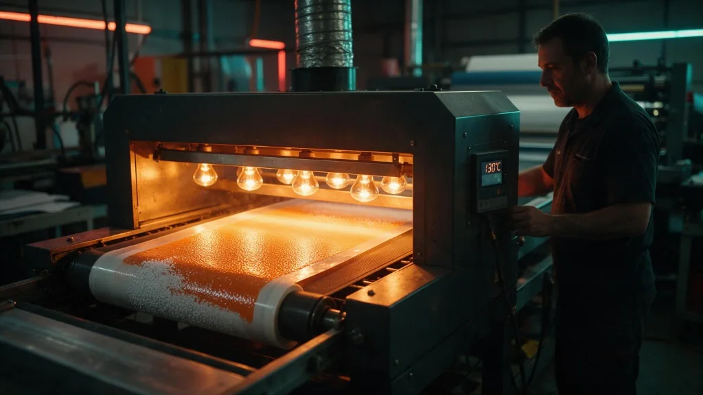 Curado de DTF en horno de polimerización continuo con control térmico a 130 grados en taller textil