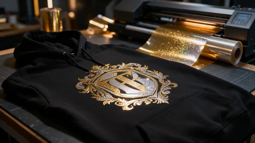 Estampado de DTF metalizado dorado y plateado con efecto purpurina sobre sudadera negra