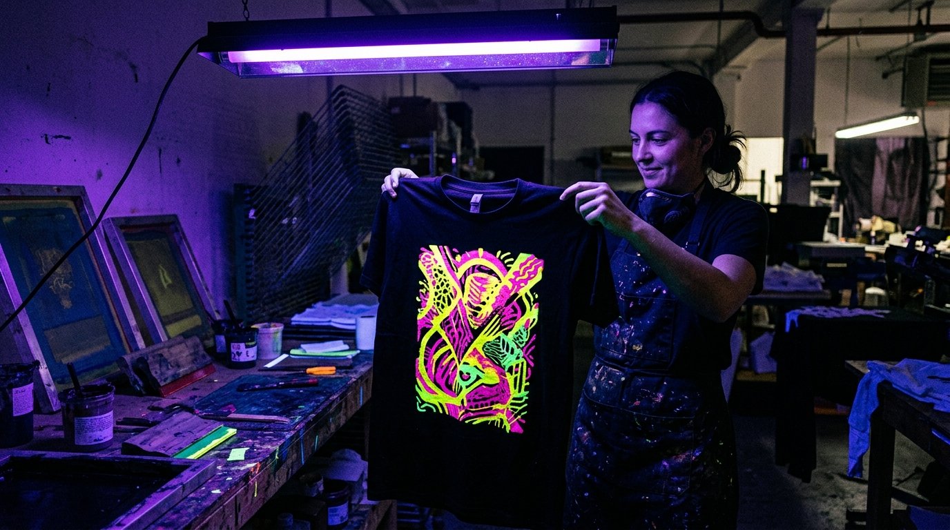 Estampado textil fluorescente con tintas neón brillando con luz negra en taller de serigrafía e impresión