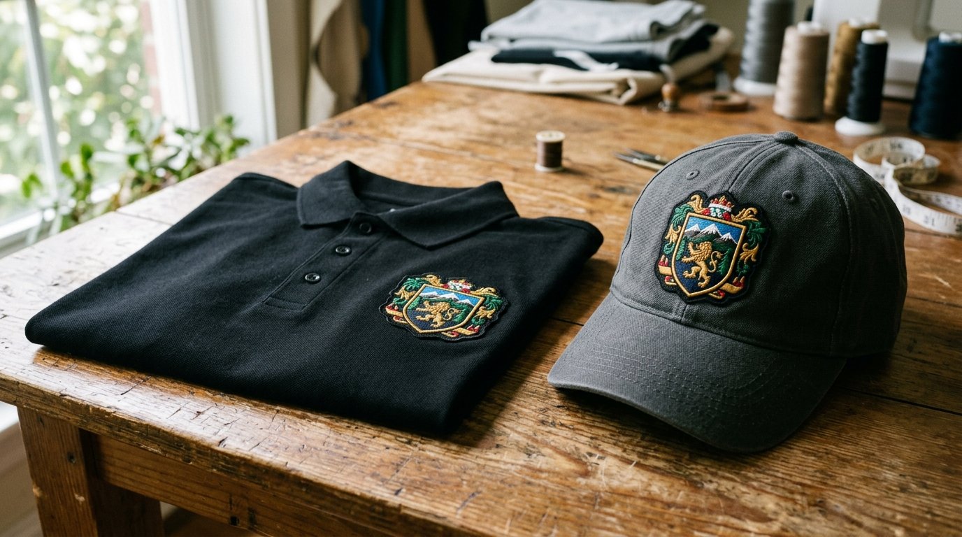 Prendas de ropa laboral y gorra con escudos termoadhesivos DTF de alto relieve en mesa de taller