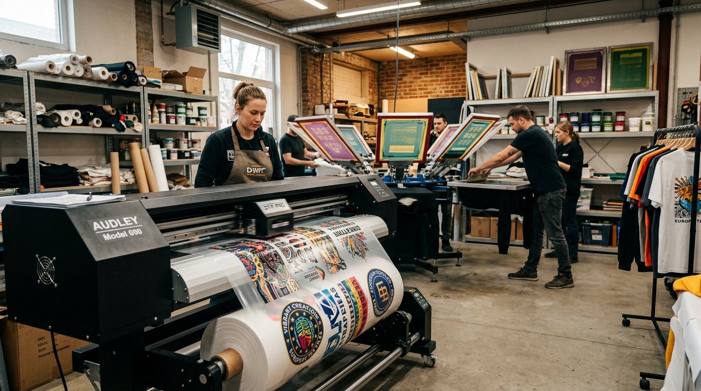 Taller de estampación textil con impresora DTF industrial y carrusel de serigrafía en segundo plano