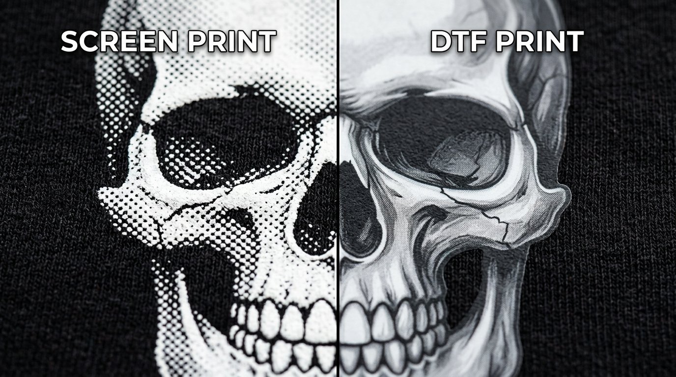 Detalle macro de estampación: trama de puntos en serigrafía tradicional frente a degradado continuo en impresión DTF textil