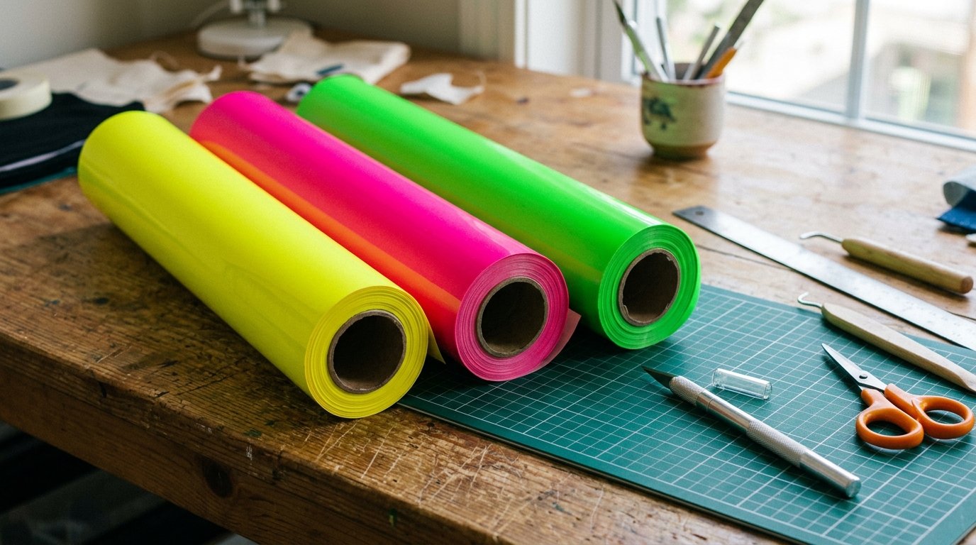 Bobinas de film DTF flúor neón amarillo, rosa y verde sobre mesa de corte