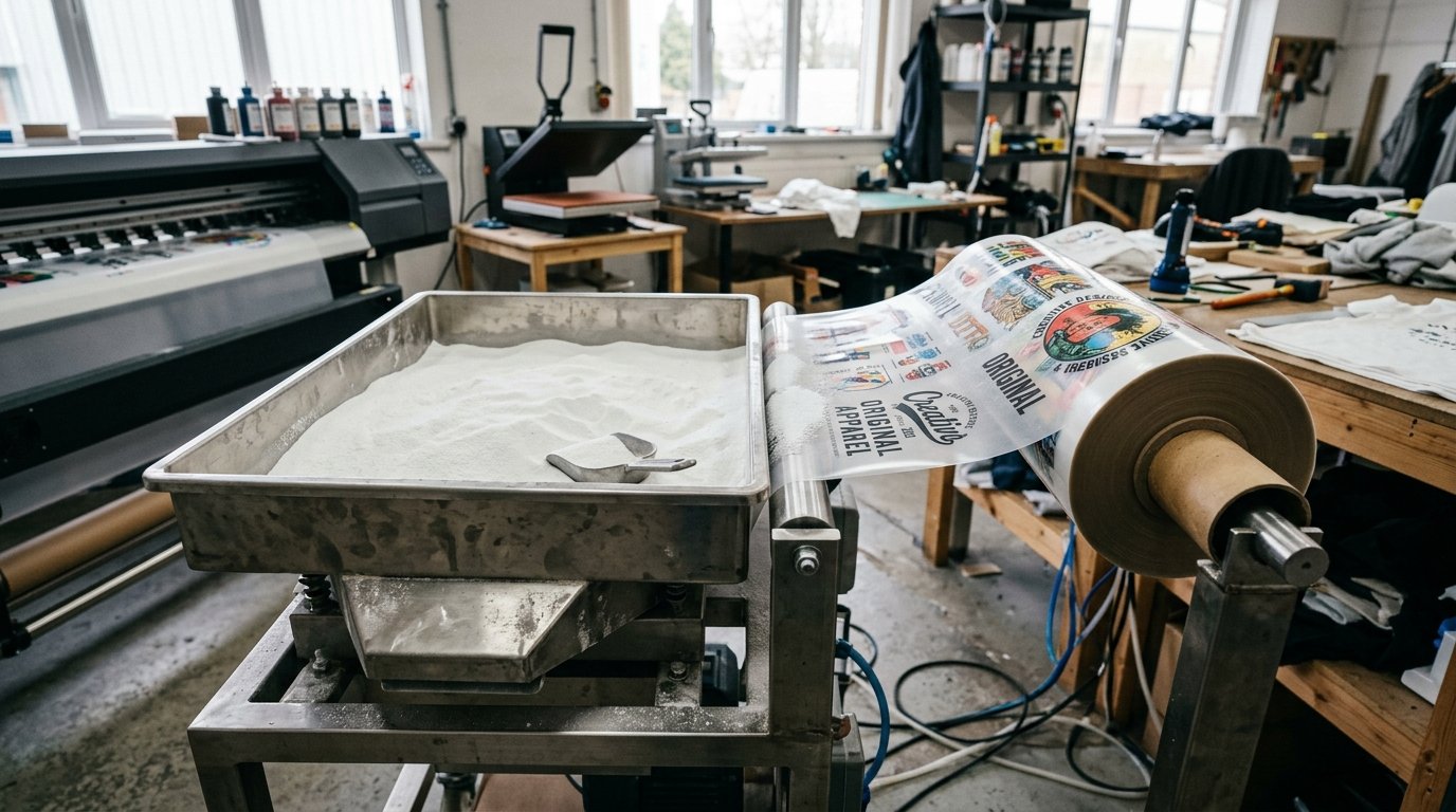 Bandeja metalica con polvo termofusible blanco para impresion DTF junto a bobina de impresion en taller textil profesional