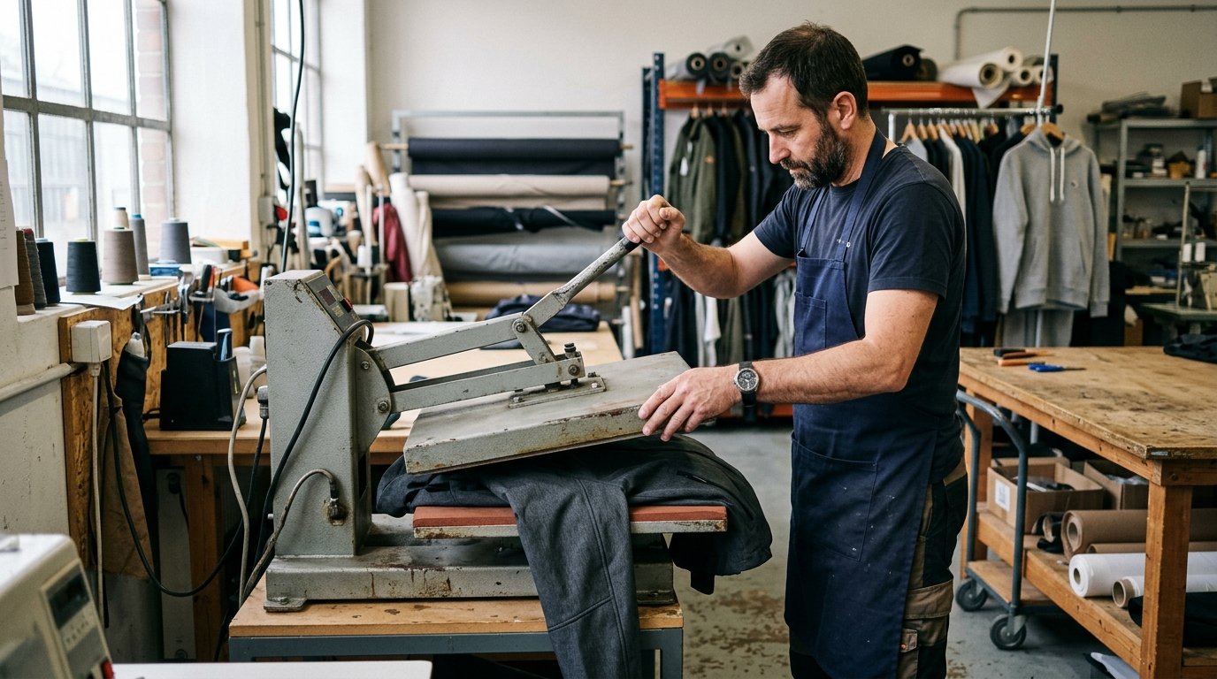 Técnico de taller estampando chaqueta de softshell oscuro con plancha térmica profesional