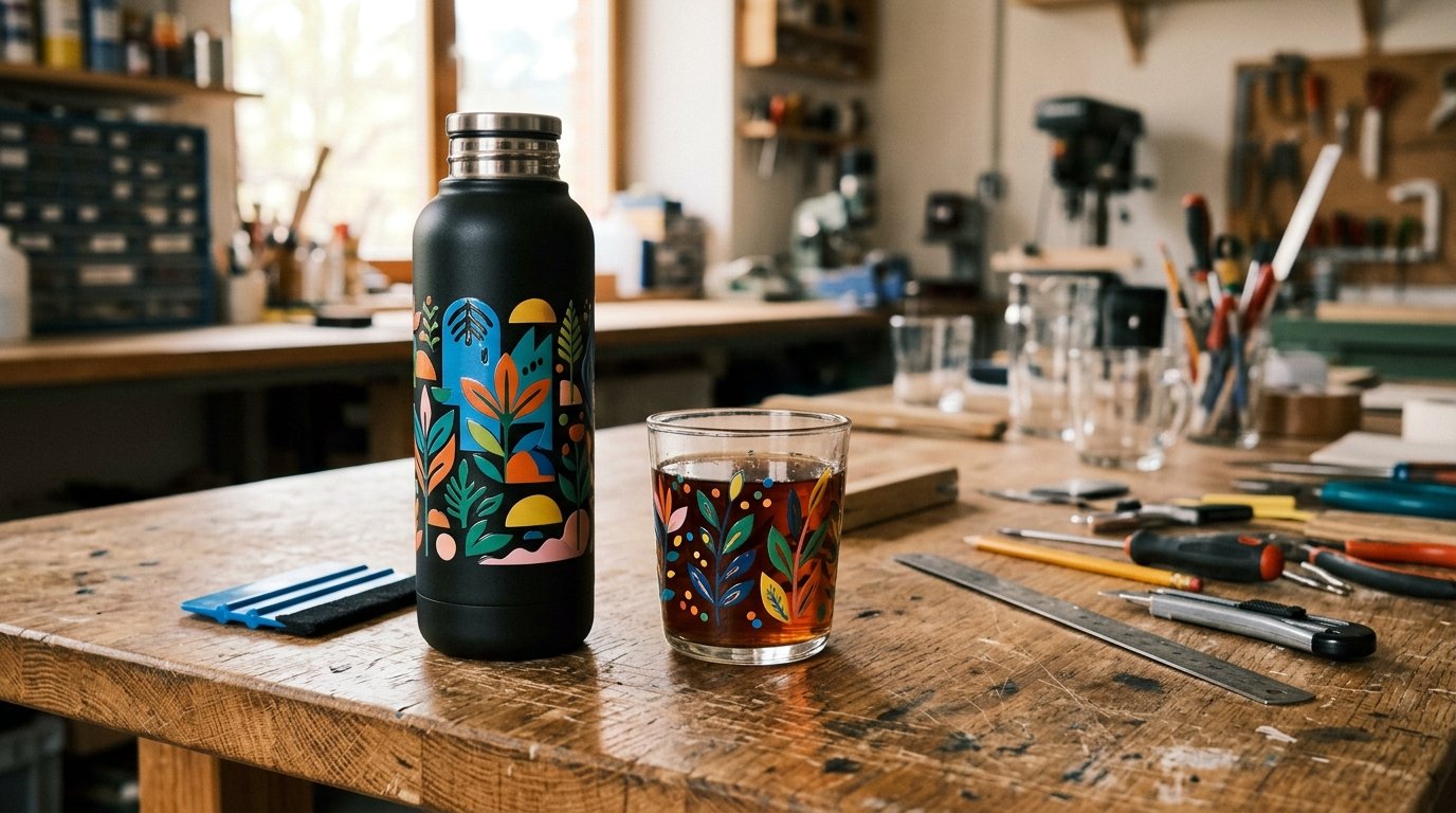 Artículos rígidos como termo metálico y vaso de cristal personalizados con transfer UV DTF directo sin calor