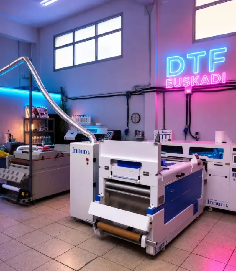 Equipo de profesionales técnicos de DTF Euskadi en el taller de estampación en Bilbao Bizkaia